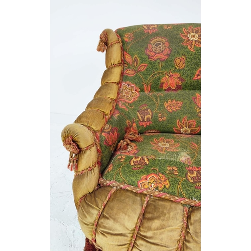 157 - CANAPE, Napoleon III ebonised in old velvet and plush tasselled upholstery and also later fabric, 91... 