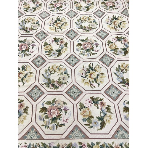 101 - NEEDLEPOINT WOOLEN CARPET, 273cm x 193cm, Cream-coloured ground inset with floral-sprigs within tile... 