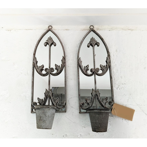 365 - MIRRORED WALL PLANTERS, pair, with lancet arched metal frames, 64cm H x 21.5cm W. (2)