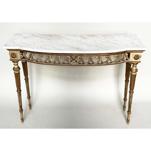 111 - CONSOLE TABLE, late 19th century Italian grey painted and parcel gilt, bow fronted with Vitruvian sc... 