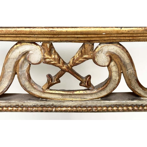 111 - CONSOLE TABLE, late 19th century Italian grey painted and parcel gilt, bow fronted with Vitruvian sc... 