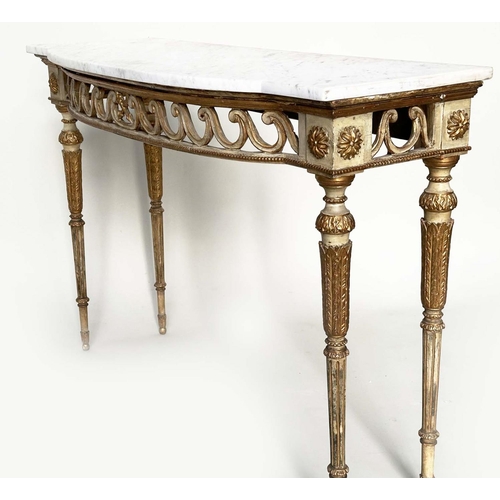 111 - CONSOLE TABLE, late 19th century Italian grey painted and parcel gilt, bow fronted with Vitruvian sc... 