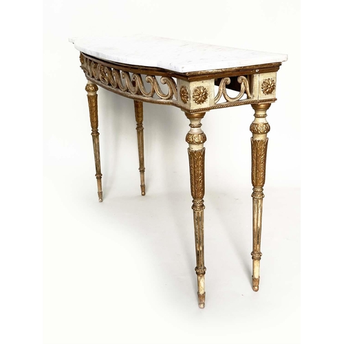 111 - CONSOLE TABLE, late 19th century Italian grey painted and parcel gilt, bow fronted with Vitruvian sc... 