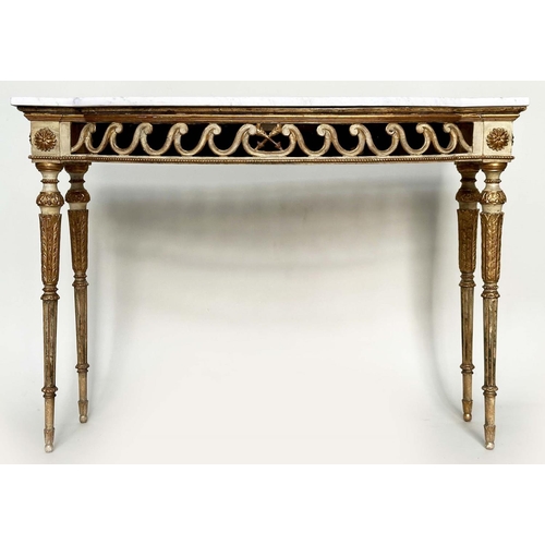 111 - CONSOLE TABLE, late 19th century Italian grey painted and parcel gilt, bow fronted with Vitruvian sc... 