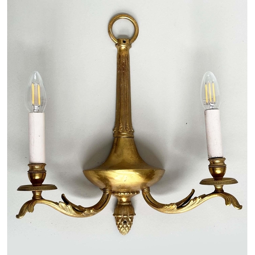 129 - WALL SCONCES, a pair, 20th century gilt metal twin arm with pineapple finials, 40cm H. (2)