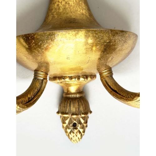 129 - WALL SCONCES, a pair, 20th century gilt metal twin arm with pineapple finials, 40cm H. (2)