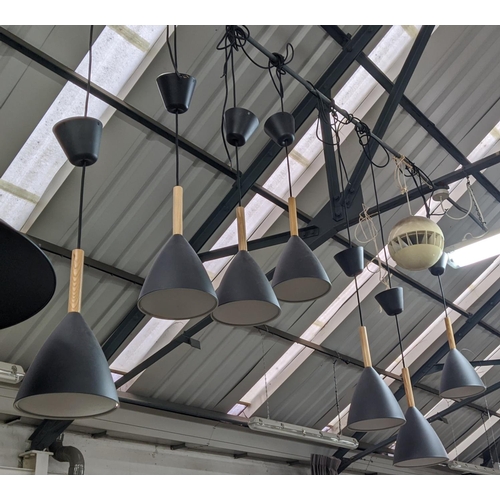 395 - CEILING PENDANT LIGHTS, seven of one design and a pair of another, 48cm drop at largest not includin... 