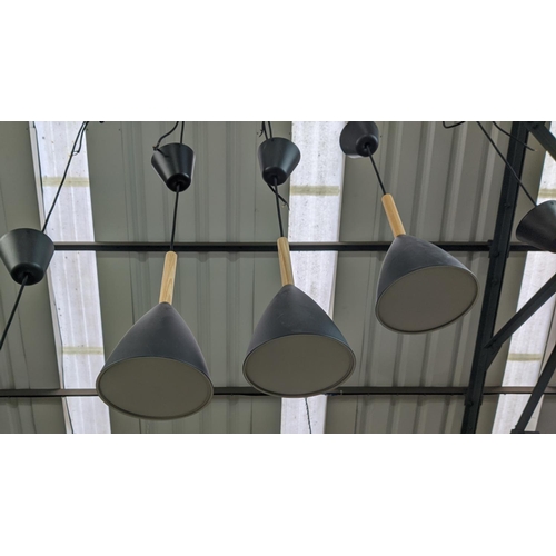 395 - CEILING PENDANT LIGHTS, seven of one design and a pair of another, 48cm drop at largest not includin... 