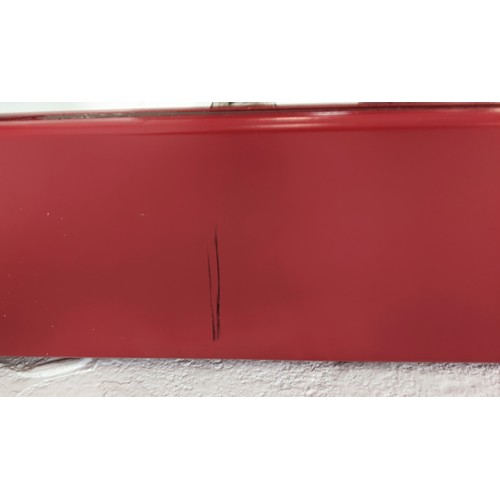 327 - WALL MIRROR, red painted frame, 205cm x 113.5cm approx.