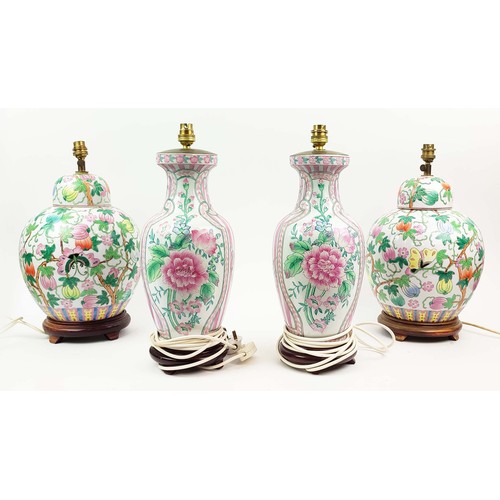 387 - TABLE LAMPS, two pairs, Chinese ceramic with carved hardwood bases, largest 46cm H. (4)