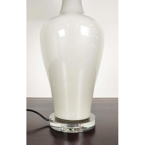 394 - TABLE LAMP, white glass base, with black shade, 89cm H approx.