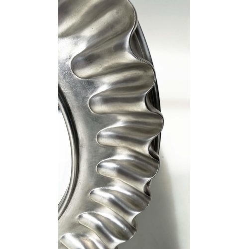 255 - WALL MIRROR, large circular wavy silvered frame, 112cm W.