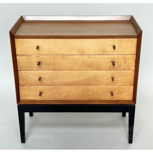 232 - CHEST, 1970s maple with four long drawers ¾ gallery and ebonised supports, 77cm W x 77cm H x 41cm D.