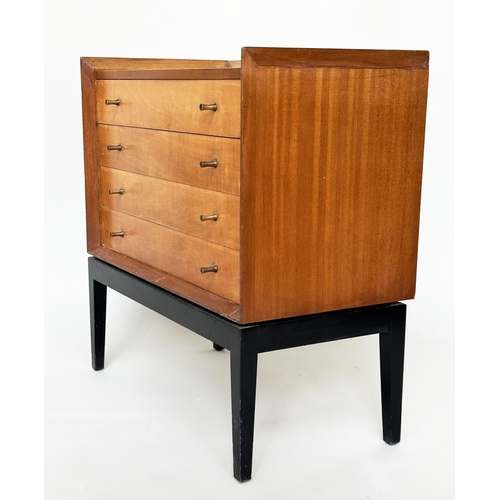 232 - CHEST, 1970s maple with four long drawers ¾ gallery and ebonised supports, 77cm W x 77cm H x 41cm D.