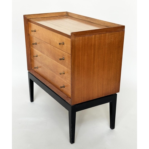 232 - CHEST, 1970s maple with four long drawers ¾ gallery and ebonised supports, 77cm W x 77cm H x 41cm D.