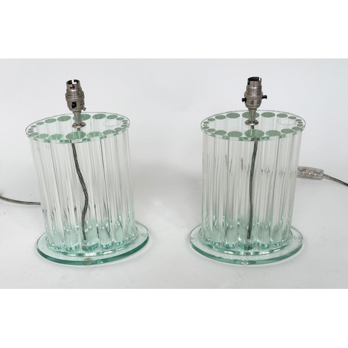 233 - TABLE LAMPS BY GREEN APPLE, a pair, glass oval each with twenty graduated glass column supports, 37c... 