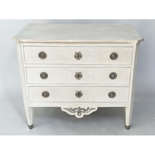 231 - GUSTAVIAN COMMODE, 19th century grey painted and silvered metal mounted with three long drawers, 107... 