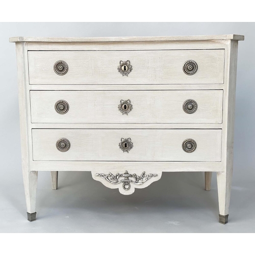 231 - GUSTAVIAN COMMODE, 19th century grey painted and silvered metal mounted with three long drawers, 107... 