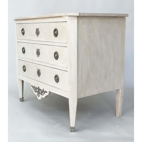 231 - GUSTAVIAN COMMODE, 19th century grey painted and silvered metal mounted with three long drawers, 107... 