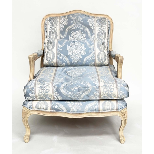 185 - FAUTEUIL, French Louis XV style fruitwood with woven smoke blue and cream upholstery, 96cm H x 70cm ... 