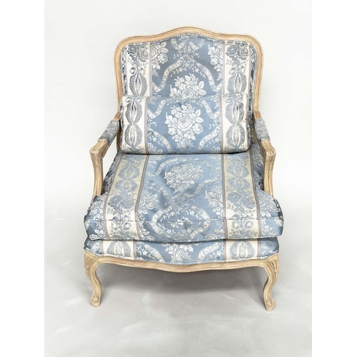 185 - FAUTEUIL, French Louis XV style fruitwood with woven smoke blue and cream upholstery, 96cm H x 70cm ... 