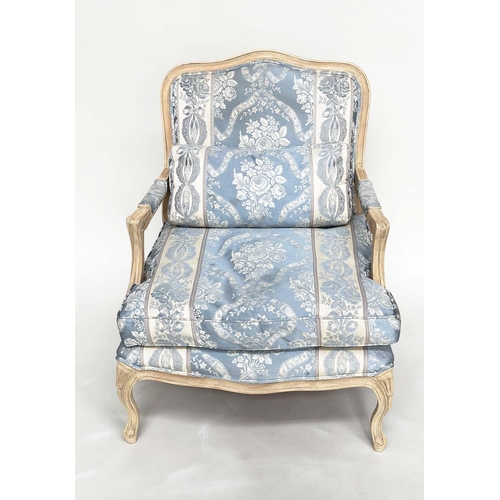 185 - FAUTEUIL, French Louis XV style fruitwood with woven smoke blue and cream upholstery, 96cm H x 70cm ... 