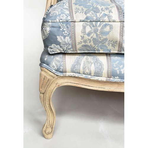 185 - FAUTEUIL, French Louis XV style fruitwood with woven smoke blue and cream upholstery, 96cm H x 70cm ... 