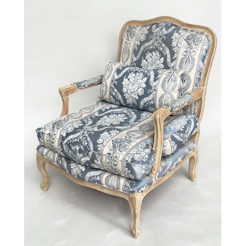 185 - FAUTEUIL, French Louis XV style fruitwood with woven smoke blue and cream upholstery, 96cm H x 70cm ... 