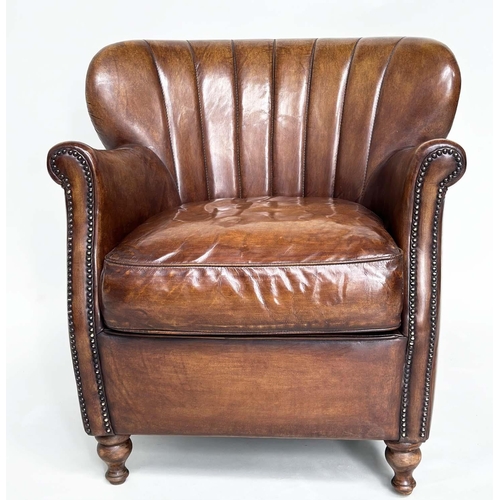 188 - ARMCHAIR, Little Professor style with natural soft leather upholstery, brass studded scroll arms and... 