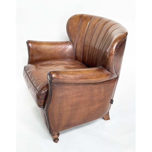 188 - ARMCHAIR, Little Professor style with natural soft leather upholstery, brass studded scroll arms and... 