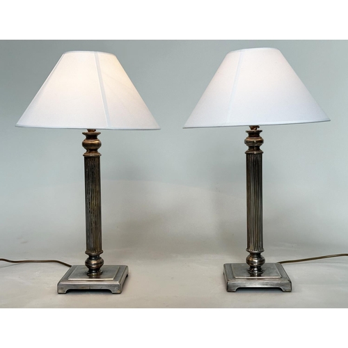 189 - TABLE LAMPS, a pair, silvered metal each with reeded column, and square bases (with shades), 66cm H.... 