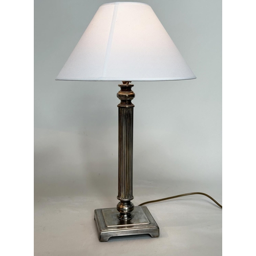 189 - TABLE LAMPS, a pair, silvered metal each with reeded column, and square bases (with shades), 66cm H.... 