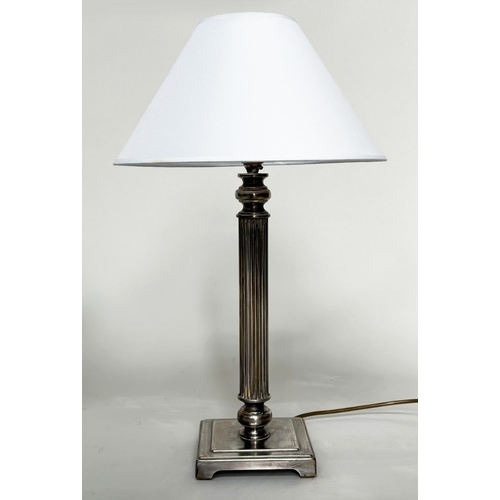 189 - TABLE LAMPS, a pair, silvered metal each with reeded column, and square bases (with shades), 66cm H.... 