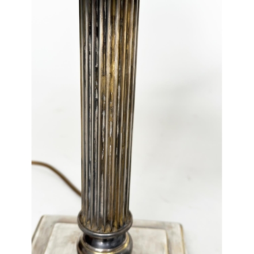 189 - TABLE LAMPS, a pair, silvered metal each with reeded column, and square bases (with shades), 66cm H.... 