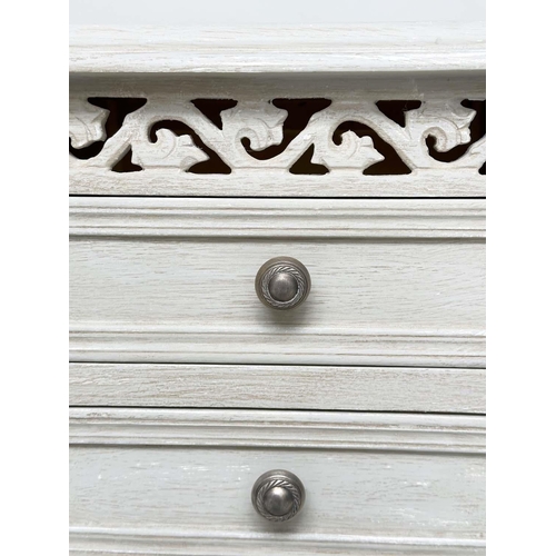 191 - BEDSIDE CHESTS, a pair, French style traditionally grey painted each with two drawers, pierced friez... 