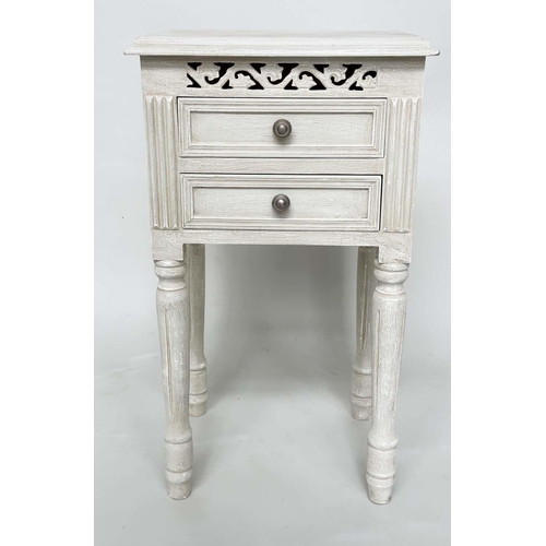 191 - BEDSIDE CHESTS, a pair, French style traditionally grey painted each with two drawers, pierced friez... 