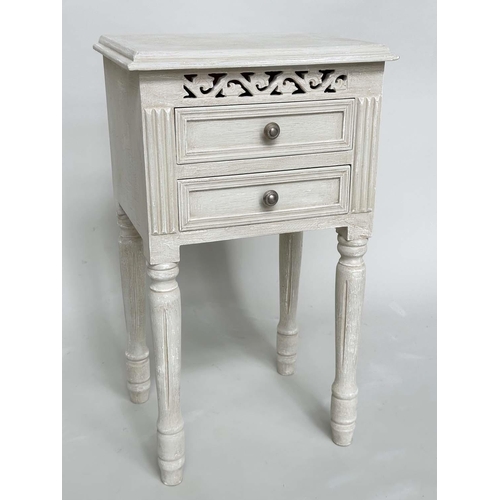 191 - BEDSIDE CHESTS, a pair, French style traditionally grey painted each with two drawers, pierced friez... 