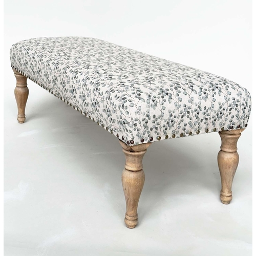 192 - WINDOW SEAT, rectangular with close nailed eucalytus printed cotton upholstery and turned supports, ... 