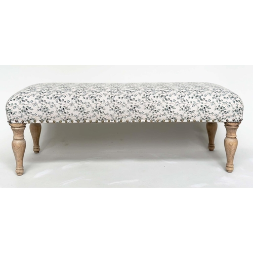 192 - WINDOW SEAT, rectangular with close nailed eucalytus printed cotton upholstery and turned supports, ... 