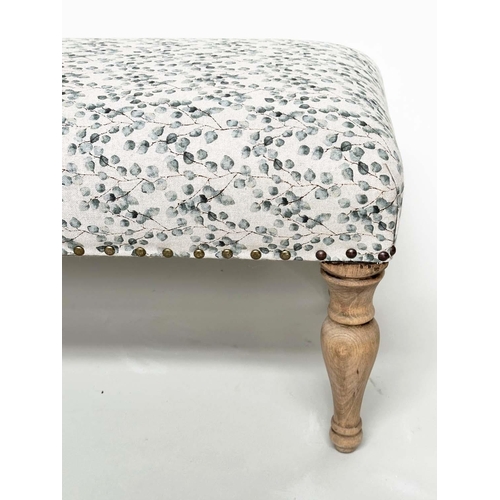 192 - WINDOW SEAT, rectangular with close nailed eucalytus printed cotton upholstery and turned supports, ... 