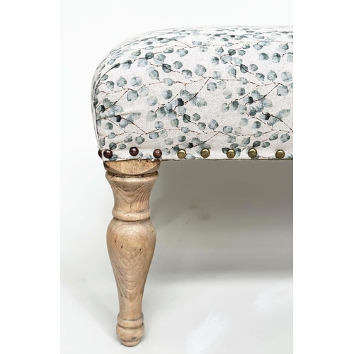 192 - WINDOW SEAT, rectangular with close nailed eucalytus printed cotton upholstery and turned supports, ... 