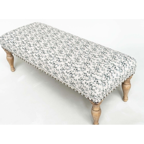 192 - WINDOW SEAT, rectangular with close nailed eucalytus printed cotton upholstery and turned supports, ... 