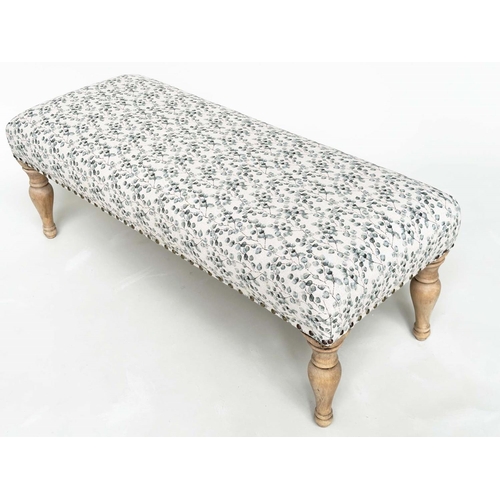 192 - WINDOW SEAT, rectangular with close nailed eucalytus printed cotton upholstery and turned supports, ... 