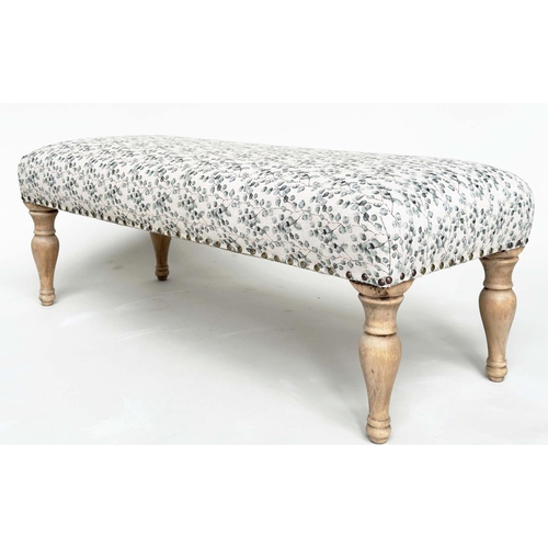 192 - WINDOW SEAT, rectangular with close nailed eucalytus printed cotton upholstery and turned supports, ... 