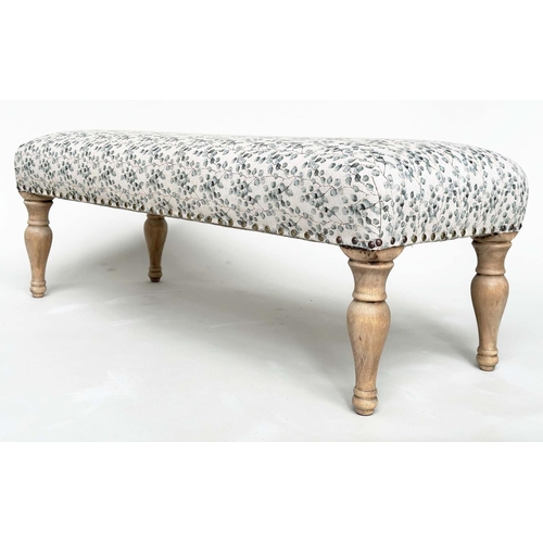 192 - WINDOW SEAT, rectangular with close nailed eucalytus printed cotton upholstery and turned supports, ... 