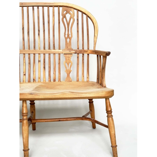 193 - HALL SEAT, antique style English yewwood and elm, with twin pierced splat hoop back and carved shape... 