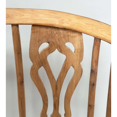 193 - HALL SEAT, antique style English yewwood and elm, with twin pierced splat hoop back and carved shape... 