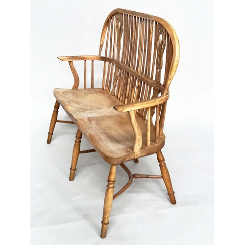 193 - HALL SEAT, antique style English yewwood and elm, with twin pierced splat hoop back and carved shape... 