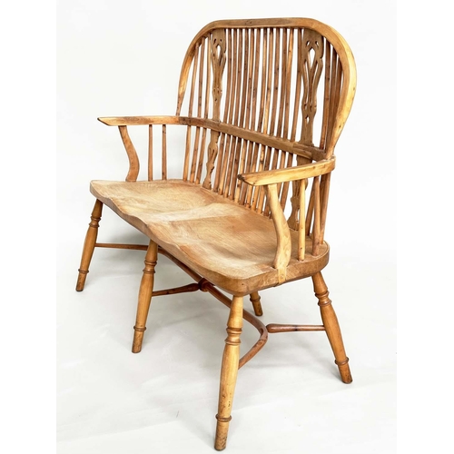 193 - HALL SEAT, antique style English yewwood and elm, with twin pierced splat hoop back and carved shape... 