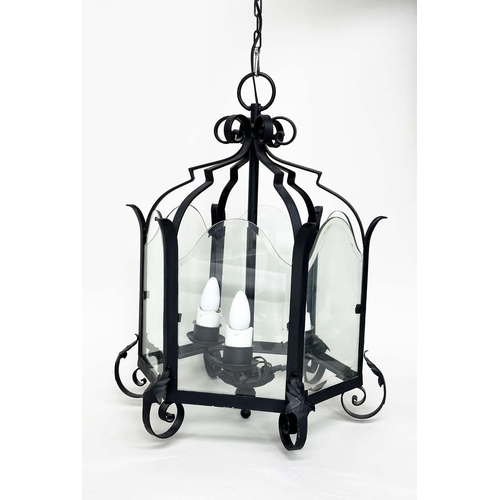 194 - HALL LANTERN, Italian style hexagonal wrought iron and glazed with three branch fitting, 46cm W x 63... 